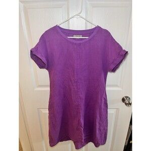 FLAX Womens Round Neck 100% Linen Dress Purple Size S Lagenlook Coastal Boho